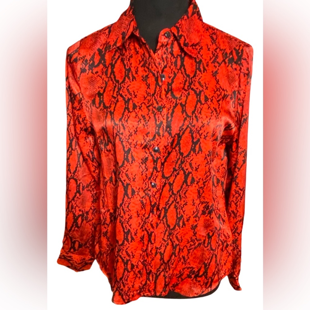 NWOT Red and Black Animal Print Satin Long Sleeve Button Up Blouse Size Small